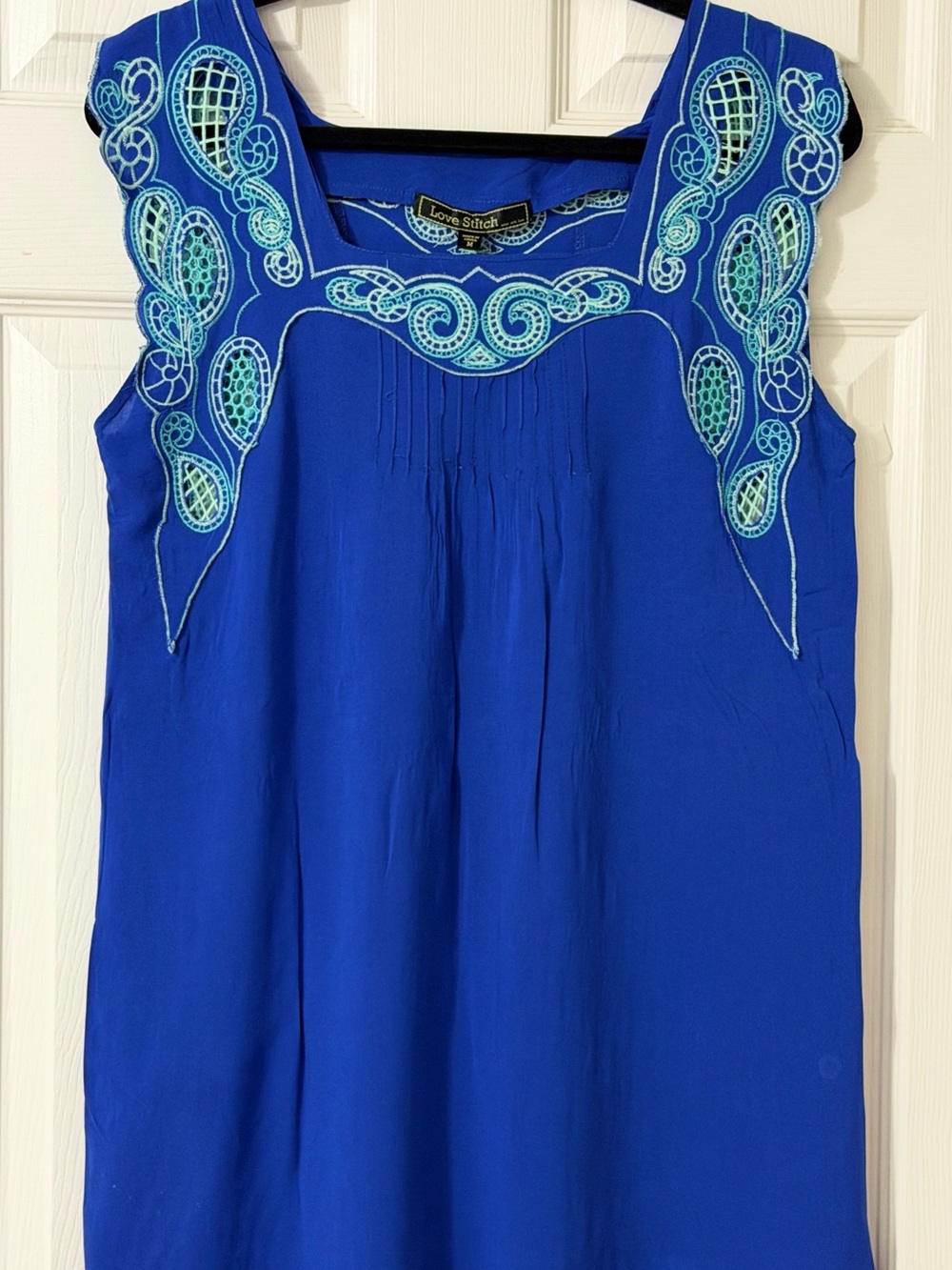 Love Stitch Cobalt Blue Sleeveless Tunic with Aqua Embroidery